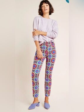 Anthropologie Slim Geometric Circle-Print Pants in Pink and Blue